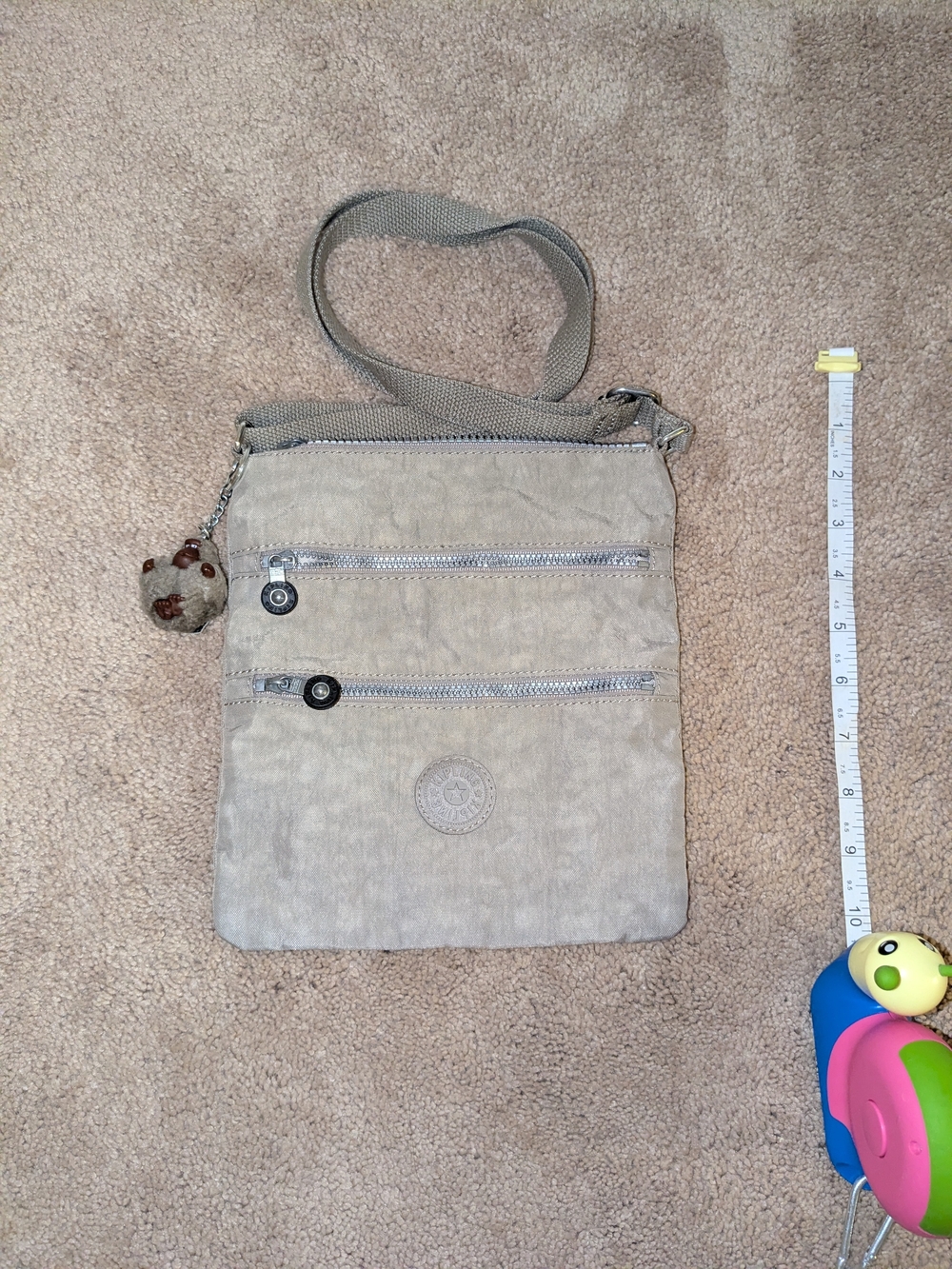 Kipling Lightweight Beige Crossbody Messenger Bag with Monkey Charm